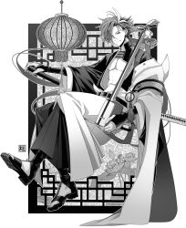 Rule 34 | 1boy, belt, closed mouth, commentary request, earrings, eyebrow cut, fate/grand order, fate (series), flower, full body, greyscale, highres, holding, holding instrument, instrument, invisible chair, jacket, japanese clothes, jewelry, katana, lantern, long hair, long sleeves, looking at viewer, loose clothes, male focus, monochrome, morita yuu, multicolored hair, pants, paper lantern, ponytail, shamisen, sitting, smile, solo, streaked hair, sword, takasugi shinsaku (fate), tassel, underpec, weapon, wide sleeves