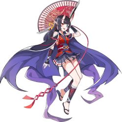 Rule 34 | 1girl, amanojaku (ark order), ark order, arm at side, arm behind head, arm up, artist request, black cape, black footwear, black hair, black skirt, blue eyes, cape, earrings, folding fan, full body, hand fan, heterochromia, holding, holding fan, horns, japanese clothes, jewelry, kimono, long hair, obi, obijime, official art, pleated skirt, pointy ears, purple cape, red eyes, red kimono, red sash, sandals, sash, shin guards, short kimono, sidelocks, skin-covered horns, skirt, solo, tachi-e, tongue, tongue out, transparent background, two-sided cape, two-sided fabric, wrist guards