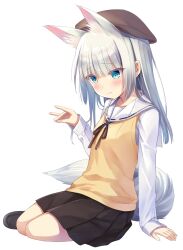 Rule 34 | 1girl, animal ear fluff, animal ears, aqua eyes, arm support, beret, blush, breasts, brown footwear, brown hat, brown ribbon, brown skirt, closed mouth, collarbone, commentary request, extra ears, fox ears, fox girl, fox shadow puppet, fox tail, full body, hand up, hat, highres, loafers, long hair, long sleeves, na-ga, neck ribbon, original, pleated skirt, ribbon, sailor collar, shirt, shoes, sidelocks, simple background, sitting, skirt, sleeves past wrists, small breasts, solo, sweater vest, tail, white background, white hair, white sailor collar, white shirt, white tail, yellow sweater vest, yokozuwari