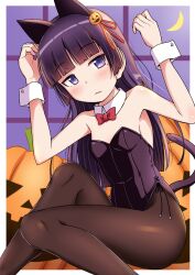 Rule 34 | 1girl, animal ears, black hair, black leotard, black pantyhose, bow, bowtie, breasts, cat ears, cat tail, commentary request, crescent moon, feet out of frame, gokou ruri, halloween, highres, jack-o&#039;-lantern, kittysuit, leotard, long hair, looking at viewer, mole, mole under eye, moon, nontraditional playboy bunny, ore no imouto ga konna ni kawaii wake ga nai, pantyhose, purple eyes, red bow, red bowtie, sitting, small breasts, solo, strapless, strapless leotard, tail, takatsuki akira, window