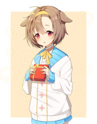 Rule 34 | 1girl, ahoge, alternate hair length, alternate hairstyle, animal ears, bad id, bad pixiv id, blue skirt, blush, bow, brown hair, destiny child, dog ears, gift, hairband, holding, holding gift, long sleeves, parted lips, red eyes, ribbon, short hair, skirt, solo, tp (kido 94), valentine, yellow bow, yellow ribbon