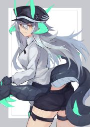 Rule 34 | 1girl, black hat, black shorts, blue horns, claws, commentary request, dragon girl, dragon horns, extra arms, grey background, hat, highres, horns, leg strap, long hair, original, peaked cap, sasa onigiri, shorts, silver hair, solo, tail, thigh strap, two-tone background, white background, yellow eyes