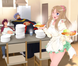 Rule 34 | 1girl, 2boys, absurdres, apron, aquila yuna, bare legs, blonde hair, blue eyes, blush, breasts, chair, clenched teeth, closed eyes, closed mouth, cup, door, fat, fat man, food, hair ornament, hair scrunchie, happy, highres, holding, indoors, large breasts, legs, long hair, long sleeves, looking at another, multiple boys, one eye closed, open mouth, pegasus koga, plate, ponytail, purple hair, red hair, saint seiya, saint seiya omega, scar, scrunchie, short hair, sitting, skirt, smile, standing, table, taurus harbinger, teeth, thighs, wink, wooden floor, yadokari genpachirou