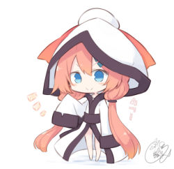 Rule 34 | 1girl, barefoot, beni shake, blue eyes, brown hair, chibi, closed mouth, commentary request, full body, hair between eyes, hair ornament, hairclip, hood, hood up, hooded kimono, japanese clothes, kimono, long hair, long sleeves, low twintails, notice lines, obi, original, sash, signature, sleeves past fingers, sleeves past wrists, smile, solo, standing, twintails, v-shaped eyebrows, very long hair, white background, white kimono, zashiki-warashi