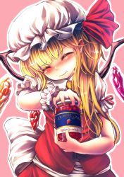 Rule 34 | 1girl, bad id, bad pixiv id, blonde hair, blush, closed eyes, commentary request, english text, engrish text, flandre scarlet, food, frilled hat, frilled sleeves, frills, fruit, hat, hat ribbon, highres, jam, jar, long hair, maru daizu (aqua6233), mob cap, pink background, puffy short sleeves, puffy sleeves, ranguage, red ribbon, red vest, ribbon, short sleeves, solo, strawberry, strawberry jam, touhou, trembling, upper body, vest, white hat, wings, wrist cuffs