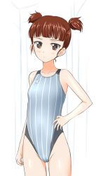 Rule 34 | 10s, 1girl, bad id, bad pixiv id, bare arms, bare shoulders, blush, brown eyes, brown hair, collarbone, competition swimsuit, girls und panzer, hand on own hip, looking at viewer, mikko (girls und panzer), narrow waist, one-piece swimsuit, parted lips, solo, standing, striped clothes, striped one-piece swimsuit, swimsuit, takafumi, two side up