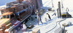 Rule 34 | 1girl, absurdres, arknights, barrel, bird, black hair, boots, box, cardboard box, day, gloves, highres, magallan (arknights), medium hair, military truck, military vehicle, open mouth, penguin, shadow, smile, snow, snowmobile, solo, standing, truck, xiaomai yorik, yellow eyes