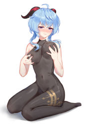 Rule 34 | absurdres, ahoge, black legwear, blue hair, blush, bodystocking, bodysuit, breasts, breasts squeezed together, covered erect nipples, covered navel, curled horns, daidai (318706698), ganyu (genshin impact), genshin impact, highres, horns, lactation, lactation through clothes, looking at viewer, medium breasts, nipple stimulation, nipple tweak, nipple tweak through clothes, no gloves, no shoes, nose blush, purple eyes, seiza, sidelocks, sitting, sleeveless, solo, thighlet, tweaking own nipple