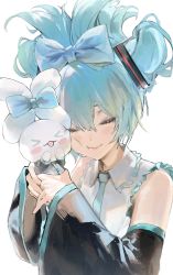 Rule 34 | &gt; &lt;, 1girl, 1other, :d, absurdres, aqua bow, aqua hair, aqua necktie, black sleeves, blush, bow, cheek-to-cheek, cinnamiku, cinnamoroll, closed eyes, closed mouth, collared shirt, commentary, creature, crossover, cuddling, detached sleeves, facing viewer, frilled shirt collar, frills, grey shirt, hair bow, hair ornament, hatsune miku, heads together, highres, holding, holding creature, matching outfits, necktie, open mouth, rsef, sanrio, shirt, smile, tied ears, updo, upper body, vocaloid, white background, wing collar