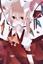 Rule 34 | 1girl, ascot, blonde hair, blush, closed mouth, crystal, crystal wings, dress, flandre scarlet, hat, highres, looking at viewer, mob cap, nacht musik, petals, pointy ears, red dress, red eyes, short sleeves, side ponytail, simple background, solo, touhou, white background, wings, yellow ascot