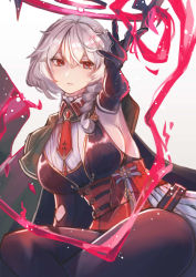 Rule 34 | 1girl, azur lane, black gloves, black pantyhose, breasts, closed mouth, drill hair, drill sidelocks, duca degli abruzzi (azur lane), elbow gloves, gloves, highres, large breasts, long hair, looking at viewer, mechanical arms, necktie, pantyhose, red eyes, red necktie, sea nami, sideboob, sidelocks, silver hair, single mechanical arm, sitting, solo, white background