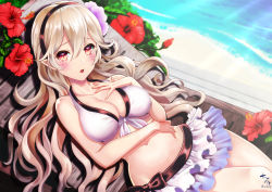 Rule 34 | 1girl, bare arms, bare shoulders, beach, bikini, bikini skirt, blurry, blurry background, blush, breasts, chair, cleavage, collarbone, corrin (female) (fire emblem), corrin (female) (summer) (fire emblem), corrin (fire emblem), day, dutch angle, fire emblem, fire emblem fates, fire emblem heroes, flower, front-tie bikini top, front-tie top, hair between eyes, head tilt, kumehara chiyota, light brown hair, lips, long hair, looking at viewer, lounge chair, lying, medium breasts, nintendo, official alternate costume, on back, outdoors, parted lips, pointy ears, purple flower, red eyes, red flower, sand, signature, solo, swimsuit, twitter username, very long hair, water, white bikini