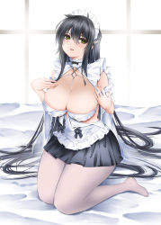 Rule 34 | 1girl, apron, azur lane, black hair, black skirt, breasts, cleavage, frilled apron, frills, full body, green eyes, hair between eyes, haru (hr works), highres, indomitable (azur lane), indomitable (ms. motivationless maid) (azur lane), kneeling, large breasts, long hair, looking at viewer, maid headdress, miniskirt, official alternate costume, pantyhose, parted lips, skirt, sleeveless, solo, very long hair, white apron, white pantyhose
