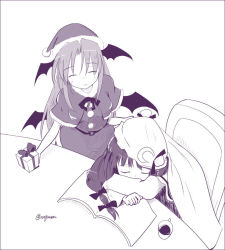 Rule 34 | 2girls, ^ ^, alternate costume, bat wings, bell, belt, blanket, book, bow, box, chair, christmas, closed eyes, covering with blanket, crescent, crossed arms, cup, from above, fur trim, gift, gift box, giving, hair ribbon, hat, hat bow, head rest, head wings, koakuma, long hair, long sleeves, low wings, mob cap, monochrome, multiple girls, open book, patchouli knowledge, ribbon, santa costume, santa hat, short sleeves, sidelocks, simple background, sitting, sleeping, smile, standing, table, taurine 8000mg, teacup, touhou, tress ribbon, twitter username, white background, wings