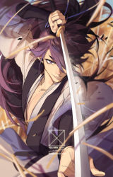 Rule 34 | 1boy, action, bean mr12, fengxi (the legend of luoxiaohei), hair over one eye, highres, holding, holding sword, holding weapon, long hair, long sleeves, purple eyes, purple hair, shadow, signature, solo, sword, luo xiaohei zhanji, upper body, very long hair, weapon