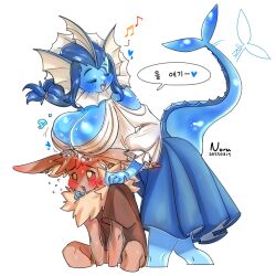 Rule 34 | blue hair, blue skin, blush, breast rest, breasts, breasts on head, brown eyes, cleavage, closed eyes, colored skin, creatures (company), eevee, fins, flying sweatdrops, furry, furry female, furry male, game freak, gen 1 pokemon, head fins, highres, large breasts, nintendo, noru (noruru3737), open mouth, pokemon, shirt, sitting, skirt, tail, tail wagging, translation request, vaporeon, white background, white shirt