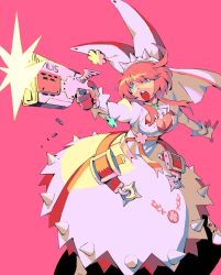 Rule 34 | 1girl, animal ear headwear, animal ears, ascot, belt buckle, blue eyes, breasts, buckle, cleavage, commentary, dress, dress flower, elphelt valentine, fake animal ears, firing, gloves, guilty gear, guilty gear xrd, gun, hairband, hat, large breasts, open mouth, pink background, pink gloves, pink hair, pink ribbon, rabbit ears, ribbon, shell casing, short hair with long locks, solo, sorrysap, spiked hairband, spikes, teeth, upper teeth only, veil, weapon, white ascot, white dress, wing ornament