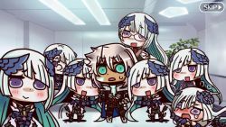 Rule 34 | 1boy, armor, blue eyes, blush, brynhildr (fate), chibi, cosplay, dark skin, dual persona, fake screenshot, fate/apocrypha, fate/grand order, fate/prototype, fate/prototype: fragments of blue and silver, fate (series), glasses, long hair, looking at viewer, mash kyrielight, multiple girls, multiple persona, open mouth, riyo (lyomsnpmp) (style), shielder (fate/grand order) (cosplay), siegfried (fate), silver hair, smile, tears, you gonna get raped