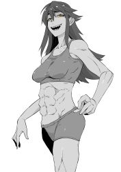 Rule 34 | 1girl, :d, abs, absurdres, black hair, breasts, brown eyes, greyscale, hair between eyes, highres, kantoqyoiko, looking at viewer, medium breasts, monochrome, muscular, muscular female, open mouth, original, sharp teeth, short shorts, shorts, sidelocks, simple background, smile, solo, spot color, standing, teeth, white background