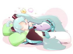 Rule 34 | 1girl, ahoge, akino coto, animal, animal on head, aqua hair, aqua ribbon, bare shoulders, bird, black skirt, black sleeves, blush, chick, commentary, detached sleeves, closed eyes, grey shirt, hair ornament, hatsune miku, long hair, lying, miniskirt, neck ribbon, hugging object, on head, on side, pleated skirt, ribbon, shirt, skirt, sleeping, sleeveless, sleeveless shirt, solo, speech bubble, spring onion, stuffed toy, symbol-only commentary, twintails, very long hair, vocaloid
