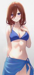 Rule 34 | 1girl, absurdres, alternate costume, bikini, blue bikini, blue eyes, blue sarong, breasts, brown hair, cleavage, closed mouth, collarbone, commentary request, go-toubun no hanayome, grey background, hand on own chest, highres, kurosaki coco, large breasts, long hair, long hair between eyes, looking at viewer, nakano miku, navel, sarong, smile, solo, swimsuit