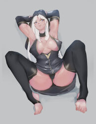 Rule 34 | 1girl, armpits, arms behind head, arms up, ashe (league of legends), black cape, black dress, black gloves, black panties, black thighhighs, blue eyes, breasts, breasts apart, cape, cleavage, cleavage cutout, closed mouth, clothing cutout, collar, covered erect nipples, dress, elbow gloves, expressionless, eyebrows, eyelashes, female focus, fingerless gloves, full body, gloves, grey background, highres, hood, hood up, hooded cape, knees up, large breasts, league of legends, leaning back, long hair, looking at viewer, panties, sideless dress, sideless outfit, simple background, sitting, solo, spread legs, thick thighs, thighhighs, thighs, tnt (pixiv8487740), toeless legwear, toes, underwear, white hair