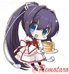 Rule 34 | 1girl, blue eyes, chibi, commentary request, dress, food, full body, hair ribbon, holding, konohana lucia, long hair, looking at viewer, pancake, pink dress, ponytail, purple hair, remotaro, rewrite, ribbon, simple background, solo, twitter username, white background, white ribbon