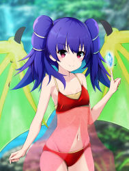 Rule 34 | &gt;:), 1girl, absurdres, bikini, blurry, blurry background, blush, closed mouth, cowboy shot, crystal, dragon girl, dragon wings, dragonstone, fire emblem, fire emblem: the sacred stones, flat chest, floral print, gem, glowing, gold trim, green wings, hair tie, hand up, highres, honma (honmatomohiro), long hair, looking at viewer, midriff, multi-tied hair, myrrh (fire emblem), navel, nintendo, pale skin, pointing, purple hair, red bikini, red eyes, see-through bikini, shiny skin, smile, solo, standing, stone, swimsuit, thigh gap, thighs, twintails, wings, yellow wings