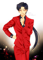 Rule 34 | 1990s (style), 1boy, aoiami, bishoujo senshi sailor moon, bishoujo senshi sailor moon sailor stars, black hair, formal, gradient background, highres, jacket, long hair, male focus, one eye closed, ponytail, retro artstyle, seiya kou, solo, suit, suit jacket, white background, wink