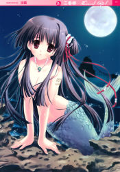 Rule 34 | 1girl, absurdres, arm support, artist name, barcode, blush, breasts squeezed together, breasts, cleavage, completely nude, full moon, hair censor, hair ornament, hair over breasts, highres, jewelry, kneeling, long hair, looking at viewer, magatama, medium breasts, mermaid, monster girl, moon, narrow waist, necklace, night, nude, ocean, original, parted lips, pearl necklace, purple hair, red eyes, rock, ryouka (suzuya), scales, scan, solo, torii, v arms, very long hair, water drop