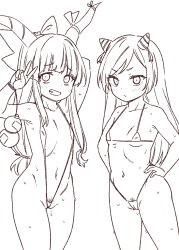 Rule 34 | 2girls, ass, bikini, blush, bow, breasts, cleft of venus, closed mouth, collarbone, female pubic hair, gourd, greyscale, grin, hair bow, hand on own hip, highres, horn ornament, horn ribbon, horns, ibuki suika, jeno, long hair, micro bikini, monochrome, multiple girls, nippaku zanmu, pubic hair, pubic hair peek, pussy, ribbon, sidelocks, simple background, small breasts, smile, swimsuit, touhou, v, white background
