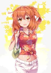 Rule 34 | 1girl, :d, belt, belt buckle, blush, breasts, buckle, collarbone, commentary request, fate/grand order, fate (series), floral print, front-tie top, fujimaru ritsuka (female), fujimaru ritsuka (female) (tropical summer), fuuna, hair between eyes, hair ornament, hair scrunchie, hawaiian shirt, head tilt, looking at viewer, medium breasts, midriff, official alternate costume, one side up, open mouth, orange eyes, orange shirt, print shirt, red eyes, scrunchie, shirt, shorts, smile, solo, tied shirt, tropical summer (fate), white belt, white shorts, yellow scrunchie