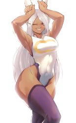 Rule 34 | 1girl, ;d, animal ears, armpits, arms up, bare arms, boku no hero academia, breasts, covered navel, crescent print, dark-skinned female, dark skin, female focus, highleg, highleg leotard, highres, large breasts, leotard, long eyelashes, long hair, looking at viewer, mirko, one eye closed, open mouth, parted bangs, purple thighhighs, rabbit ears, rabbit girl, rabbit pose, red eyes, sleeveless turtleneck leotard, smile, solo, taut leotard, thick thighs, thighhighs, thighs, toned, very long hair, white background, white hair, white leotard, wide hips, wink, zukululuu