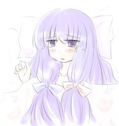 Rule 34 | 1girl, bed, blanket, female focus, hair ribbon, lying, natsuki (silent selena), pale color, patchouli knowledge, ribbon, sketch, solo, tears, touhou, white background