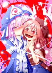 Rule 34 | 2girls, absurdres, blush, commentary request, female focus, giorgio claes, hand on another&#039;s chin, hand on head, highres, multiple girls, mystia lorelei, open mouth, saigyouji yuyuko, saliva, smile, tears, touhou, wavy mouth, you gonna get raped