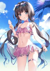 Rule 34 | 1girl, :q, absurdres, bad link, bikini, brown hair, choker, cloud, day, eyewear on head, food, frills, green eyes, heart, heart-shaped eyewear, highres, ice cream, karory, low twintails, navel, original, ribbon, scrunchie, skirt, sky, solo, sunglasses, swimsuit, thigh strap, tongue, tongue out, twintails, wrist scrunchie