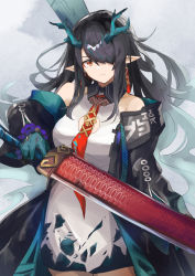 Rule 34 | 1girl, arknights, bare shoulders, black hair, black jacket, cleavage cutout, closed mouth, clothing cutout, colored skin, dragon horns, dress, dusk (arknights), earrings, hair ornament, hair over one eye, highres, holding, holding sword, holding weapon, horns, jacket, jewelry, long hair, necktie, off shoulder, pointy ears, red eyes, red necktie, sleeveless, sleeveless dress, solo, sword, very long hair, weapon, white dress, yu-ves