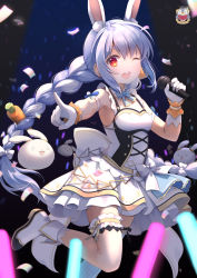 Rule 34 | 1girl, ;d, animal ear fluff, animal ears, arm strap, armpits, asymmetrical legwear, bare shoulders, blue hair, boots, braid, breasts, bridal garter, carrot hair ornament, cross-laced clothes, dancing, food-themed hair ornament, gloves, glowstick, hair ornament, highres, hikimayu, holding, holding microphone, hololive, idol, idol clothes, kamui (kamuikaoru), knee up, layered skirt, legwear garter, light blush, long hair, looking at viewer, microphone, miniskirt, multicolored hair, music, nonstop story, pekomon (usada pekora), official alternate costume, one eye closed, open mouth, orange eyes, pointing, rabbit ears, round teeth, short eyebrows, singing, single legwear garter, single thighhigh, skirt, skirt set, sleeveless, small breasts, smile, solo, stage, standing, standing on one leg, teeth, thighhighs, twin braids, twintails, two-tone hair, uneven legwear, upper teeth only, usada pekora, virtual youtuber, white gloves, white hair, white thighhighs