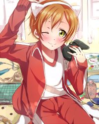 Rule 34 | 10s, 1girl, animal ears, arihara (arhr0), cat ears, controller, game controller, gamepad, gym shirt, hoshizora rin, jacket, love live!, love live! school idol festival, love live! school idol project, one eye closed, open clothes, open jacket, orange hair, pants, shirt, short hair, solo, track jacket, track pants, track suit, yellow eyes