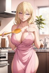 Rule 34 | ai-generated, animegirl, apron, breasts, cleavage, fairy tail, highres, kitchen, large breasts, selene (fairy tail)