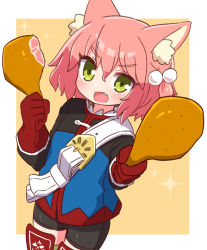 Rule 34 | 1girl, 7th dragon, 7th dragon (series), :d, animal ear fluff, animal ears, belt, belt buckle, bike shorts, black shorts, blue jacket, blush, brown background, buckle, cat ears, chicken leg, commentary, fang, fighter (7th dragon), food, gloves, green eyes, green thighhighs, hair between eyes, hair bobbles, hair ornament, harukara (7th dragon), highres, holding, holding food, jacket, long sleeves, looking at viewer, naga u, one side up, open mouth, pink hair, red gloves, short shorts, shorts, smile, solo, sparkle, symbol-only commentary, thighhighs, two-tone background, white background, white belt