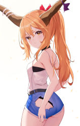 Rule 34 | 1girl, absurdres, alternate costume, alternate hairstyle, bow, hair bow, highres, horn bow, horn ornament, horn ribbon, horns, ibuki suika, long hair, oeyama, oni horns, orange hair, ponytail, red bow, ribbon, shorts, simple background, solo, torn clothes, torn shorts, touhou, very long hair, white background