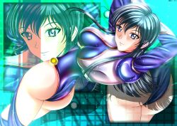 Rule 34 | 1girl, absurdres, arms behind head, arms up, artist request, ass, ass focus, black hair, blue eyes, blue hair, blue leotard, bodysuit, breasts, butt crack, closed mouth, covered erect nipples, cowboy shot, from behind, fujimura shizuru, gloves, glowing, highleg, highleg leotard, highres, huge ass, impossible clothes, large breasts, leotard, long hair, looking at viewer, looking back, purple thighhighs, shinkon gattai godannar!!, shiny clothes, shiny skin, skin tight, skindentation, smile, solo, standing, thighhighs, thong leotard, very long hair, wide hips, zoom layer