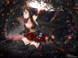 Rule 34 | 10s, 1girl, adapted costume, bare shoulders, black hair, black thighhighs, blood-c, bouncing breasts, breasts, choker, cleavage, collarbone, detached sleeves, fingerless gloves, glasses, gloves, jewelry, katana, kimura shigetaka, kisaragi saya, large breasts, legs, long hair, miniskirt, necklace, red eyes, scabbard, sheath, skirt, solo, sword, thighhighs, thighs, twintails, very long hair, weapon