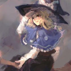 Rule 34 | 1girl, :d, black hat, black skirt, black vest, blonde hair, bow, braid, broom, broom riding, capelet, female focus, frills, from side, hair bow, hat, hat bow, kirisame marisa, long hair, long sleeves, nokishita, open mouth, orange eyes, pom pom (clothes), riding, shading eyes, shirt, single braid, sketch, skirt, smile, solo, subterranean animism, touhou, vest, white bow, white shirt, witch, witch hat