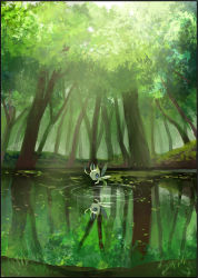 Rule 34 | bad id, bad pixiv id, blue eyes, celebi, creatures (company), day, forest, game freak, gen 2 pokemon, highres, lake, legendary pokemon, looking at viewer, mythical pokemon, nature, nintendo, no humans, pokemon, pokemon (creature), pokemon gsc, reflecting pool, reflection, reflective water, scenery, tree, yukin (es)