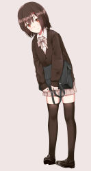 Rule 34 | 1girl, absurdres, alternate costume, ayanami (warship girls r), bag, black footwear, black sweater, black thighhighs, bow, brown hair, cardigan, ero mang-a, full body, grey background, grey skirt, hair ornament, hairclip, highres, holding, holding bag, loafers, looking at viewer, miniskirt, orange eyes, pleated skirt, school bag, shoes, short hair, skirt, sleeves past wrists, smile, solo, standing, sweater, thighhighs, warship girls r, zettai ryouiki