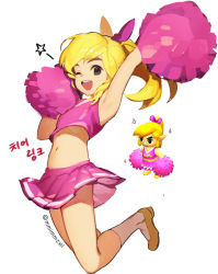 Rule 34 | 1boy, artist name, blonde hair, cheerleader, cheerleader link, chibi, commentary request, crop top, crop top overhang, crossdressing, hair ribbon, jumping, korean text, link, long hair, looking at viewer, male focus, midriff, mimme (haenakk7), multiple views, navel, nintendo, one eye closed, open mouth, pointy ears, pom pom (cheerleading), ponytail, ribbon, simple background, skirt, smile, sparkle, star (symbol), the legend of zelda, the legend of zelda: tri force heroes, trap, twitter username, white background, wind, wind lift