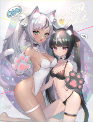 Rule 34 | 2022, 2girls, :d, :o, absurdres, animal ear fluff, animal ears, animal hands, bare shoulders, bikini, black bikini, black gloves, black hair, blush, breasts, cat day, cat ears, cat girl, cat tail, cleavage, commentary request, covered navel, dark-skinned female, dark skin, gao, gloves, green eyes, grey gloves, highres, hitowa, kneeling, leotard, long hair, looking at viewer, medium breasts, multicolored hair, multiple girls, open mouth, original, parted lips, paw gloves, purple eyes, small breasts, smile, strapless, strapless leotard, streaked hair, swimsuit, tail, twintails, very long hair, white hair, white leotard