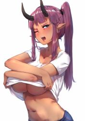 Rule 34 | 1girl, absurdres, blue eyes, blush, breasts, clothes lift, dark-skinned female, dark skin, demon girl, female focus, highres, horns, large breasts, long hair, midriff, mr.lime, navel, no bra, one eye closed, original, pointy ears, purple hair, shirt lift, side ponytail, sidelocks, simple background, solo, third-party edit, underboob, undressing, white background